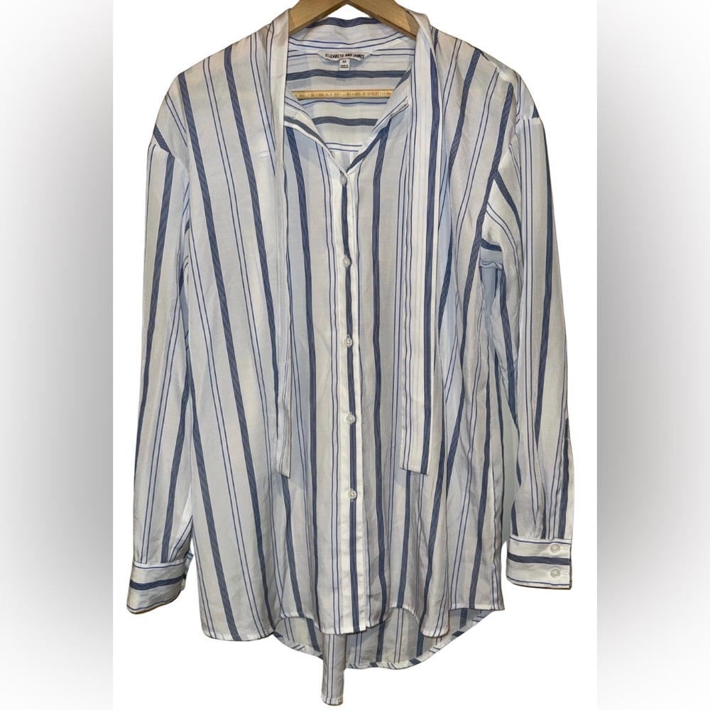 Elizabeth and James Blue White Striped Tie Neck Button Down Tunic Shirt Size M